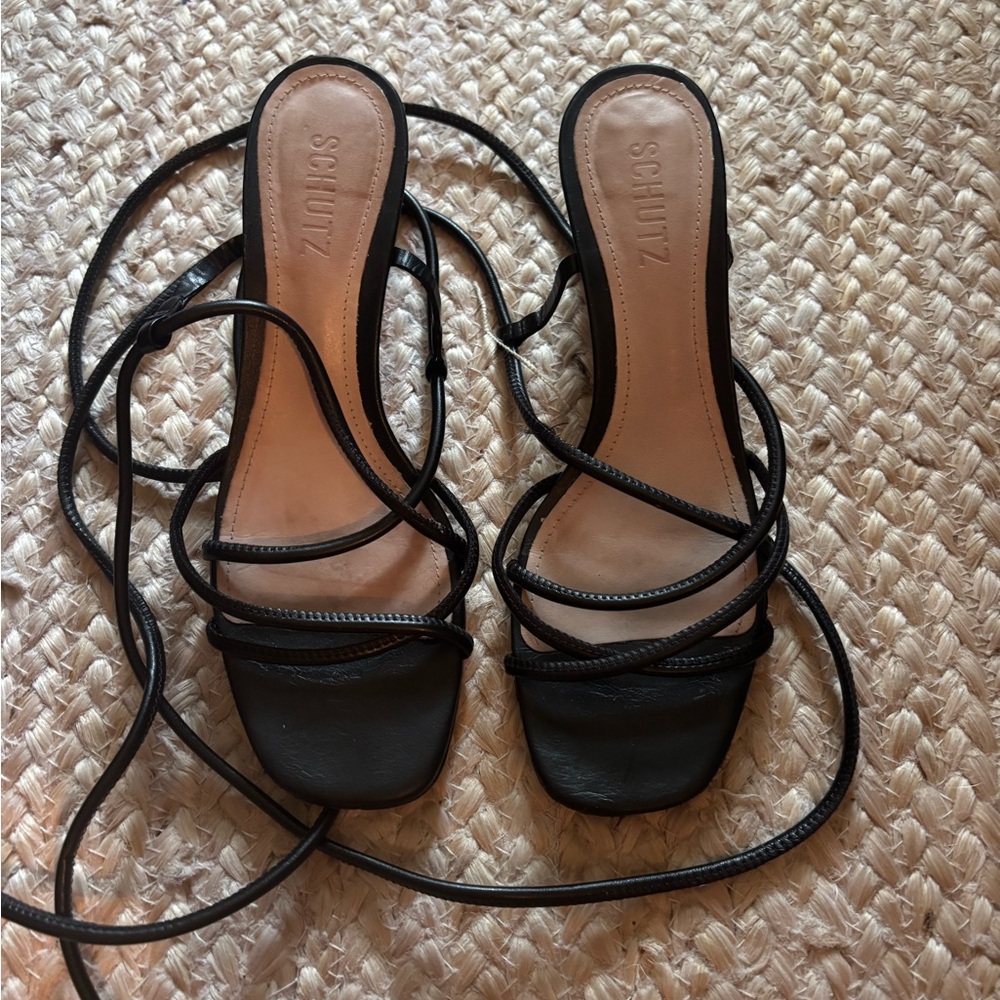 SCHUTZ Black Strappy Lace-Up Heeled Sandals